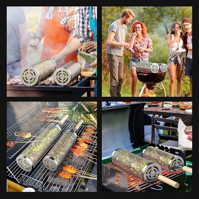 Rolling Grilling Baskets for Outdoor Grill, 2 Pcs BBQ Grill Basket, Stainless Steel Barbeque Grill accessories set, Camping Picnic Cooking Tools for Vegetable/Shrimp/Chicken, Gifts for Men Dad Husband