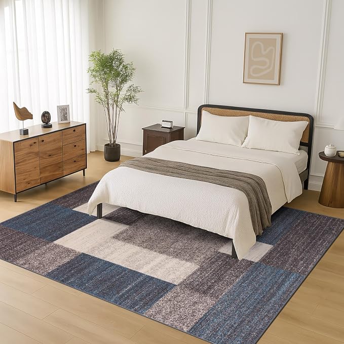 Rugshop Geometric Boxes Non-Slip Contemporary Area Rug Blue 5'3" x 7'3" | Non-Shedding, Rectangular, Size 5'3" x 7'3", Living Room, Bedroom, Dining Room, Home Office, Kitchen, Entryway, Hallway