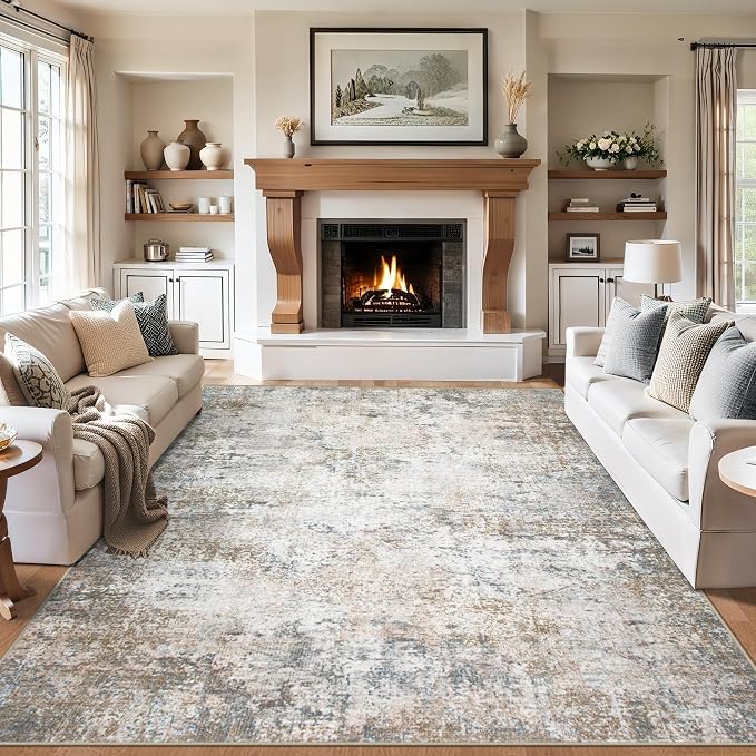 PLHXFR Area Rug Living Room: 5x7 Abstract Washable Carpet Brown Grey | For Bedroom Dining Room Farmhouse Nursery Home,Machine washable,Non Slip,Large Soft Neutral,Stain Resistant, Indoor Floor