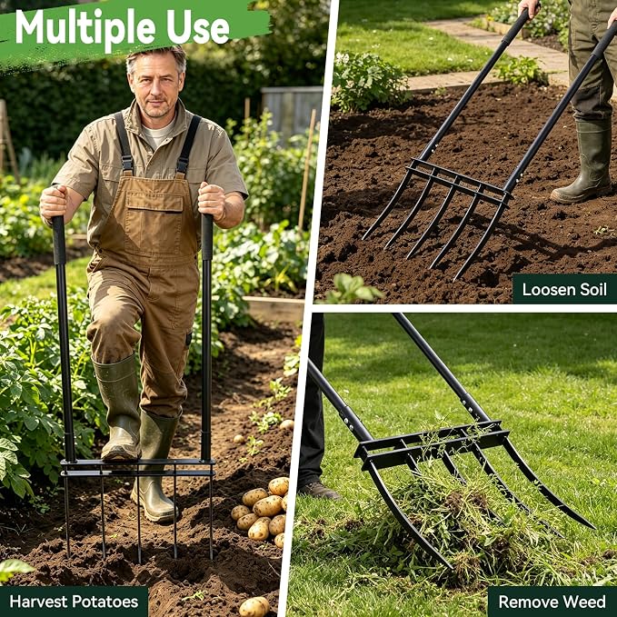 Broadfork Garden Tool, Heavy Duty 5-Tine Hand Tiller with 12" Sharp Tines and 2" Wide Foot Bar, Steel Soil Aerator Digging Fork for Loosening Compacted Soil, Garden Beds, Lawn and Yard