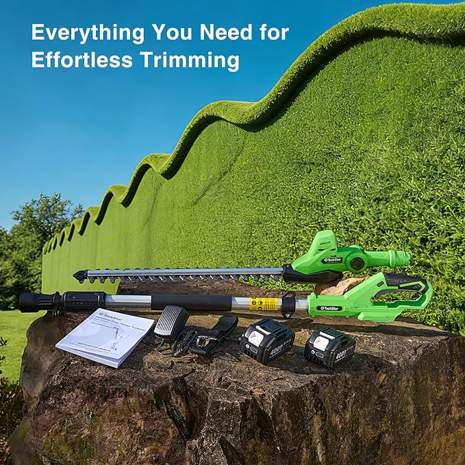 TaskStar Pole Hedge Trimmer Cordless: 20" Electric Long Reach Shrub & Bush Trimmer with Extension Pole, 2x4.0Ah Battery, Dual-Action Blade Hedge Clippers, 3000 SPM High-Speed Motor, 8-Feet Reach
