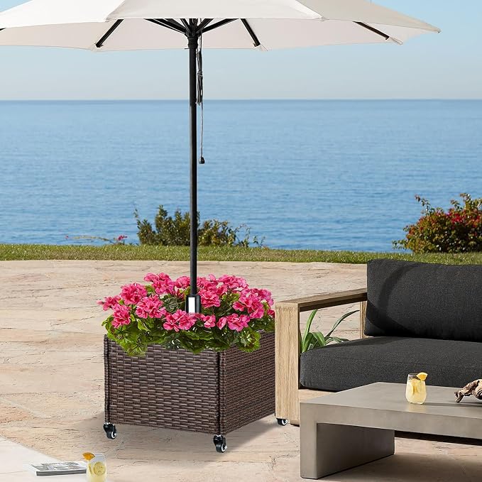 SUNNYPARK Umbrella Base with Wheels and Fillable Planter 2 in 1 | 120lbs Capacity, Heavy Duty, Hand Woven Rattan Style, Portable Decorative Umbrella Stand for Garden Backyard Deck Poolside