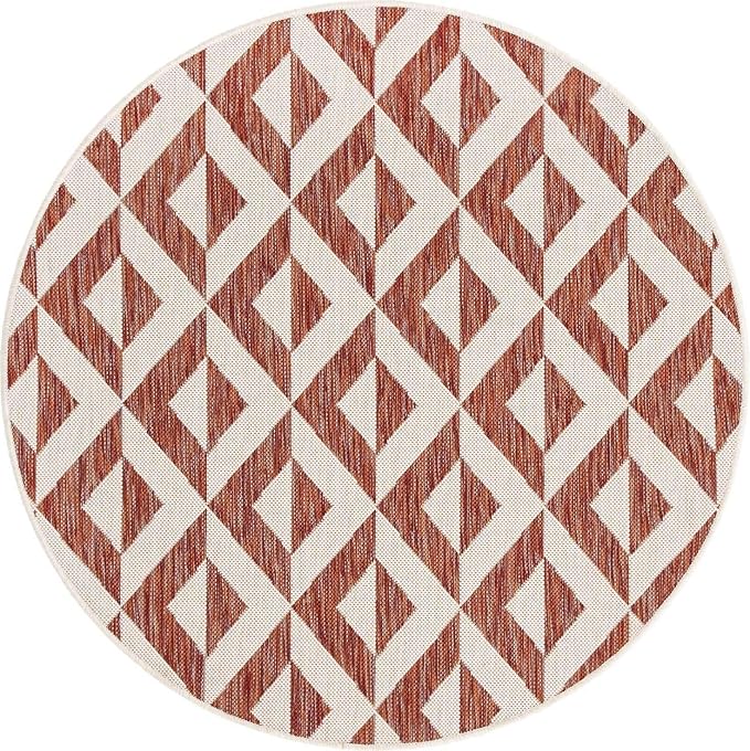 Unique Loom Outdoor Collection Area Rug - Napa (4' 1" Round, Rust Red/ Ivory)