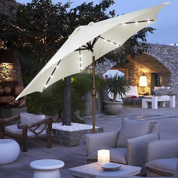 Blissun 9 ft Solar Umbrella, 32 LED Lighted Patio Umbrella, Table Market Umbrella, Outdoor Umbrella for Garden, Deck, Backyard, Pool and Beach (Creamy White)