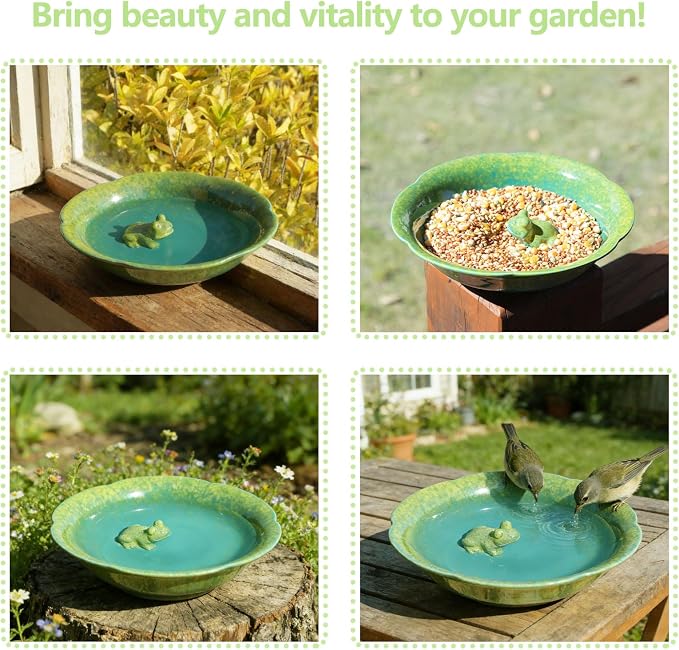 10" W Ceramic Bird Bath Bowl,Bird Bath for Outdoors with Frog Decor.