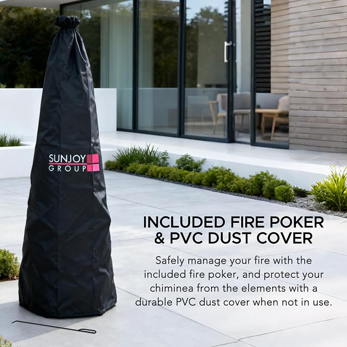 SUNJOY 2-in-1 Chiminea Fire Pit & Grill, 57" Tall Outdoor Fireplace with Removable Stainless Steel Grill Grate, Spark Screen & PVC Cover for Patio, Backyard, Cooking - Grey