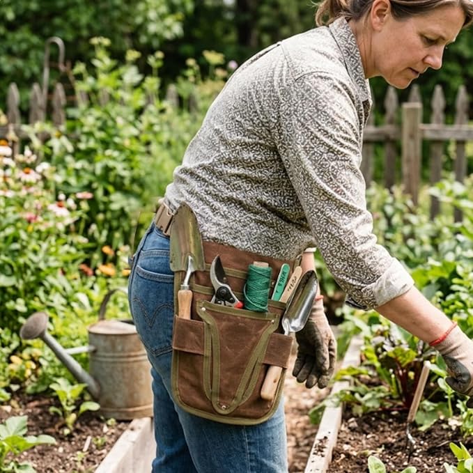 Gardening Tool Pouch for Waist, Hands-Free Canvas Tool Belt with 6 Pockets โ Adjustable Waist Apron for Gradenging Tools (Gardening Tools NOT Included)-(Brown)