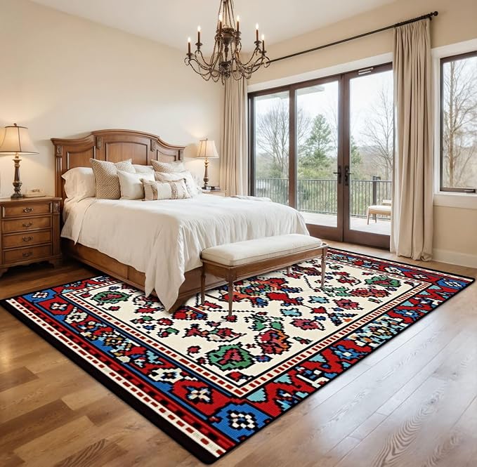 8x10 Area Rugs for Living Room Colorful Oriental Mosaic Traditional Geometric Ornament Floral Motifs Washable Large Area Rug for Bedroom Non Slip Outdoor Carpets Soft Mats Kitchen Home Office Decor