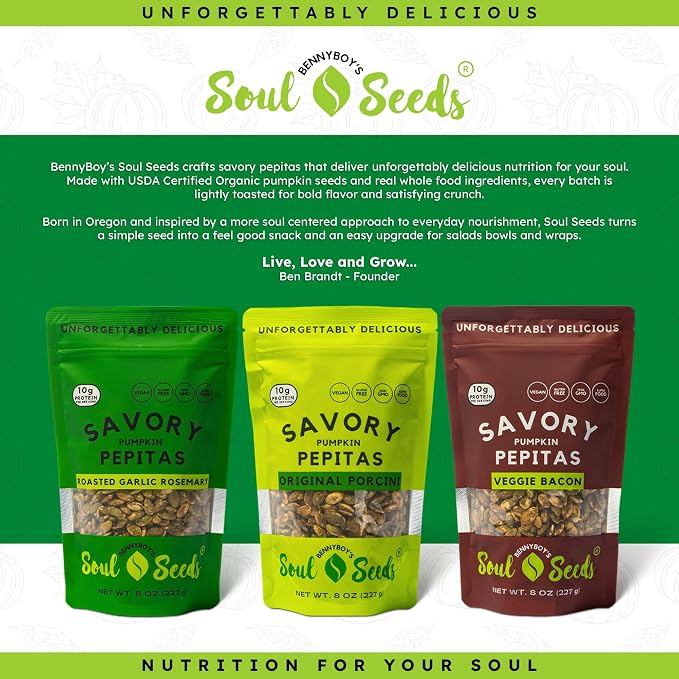 Soul Seeds Pumpkin Seeds Variety Pack – Organic Pepitas Snack Pack with Porcini, Garlic Rosemary & Veggie Bacon Flavors, Savory Vegan Seed Snacks, Crunchy Roasted Topping, 3 Pack 3.2 oz