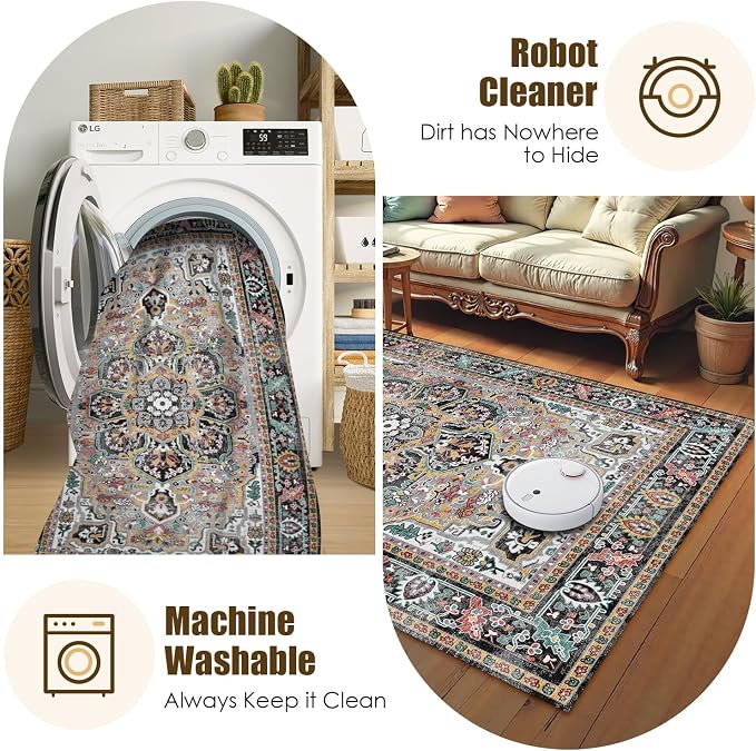Washable Area Rug 8' x 10' Vintage Traditional Persian Mat - Foldable Distressed Non-Slip Machine Washable Carpet for Living Room Bedroom Kitchen Home Decor - Slate and Multicolor