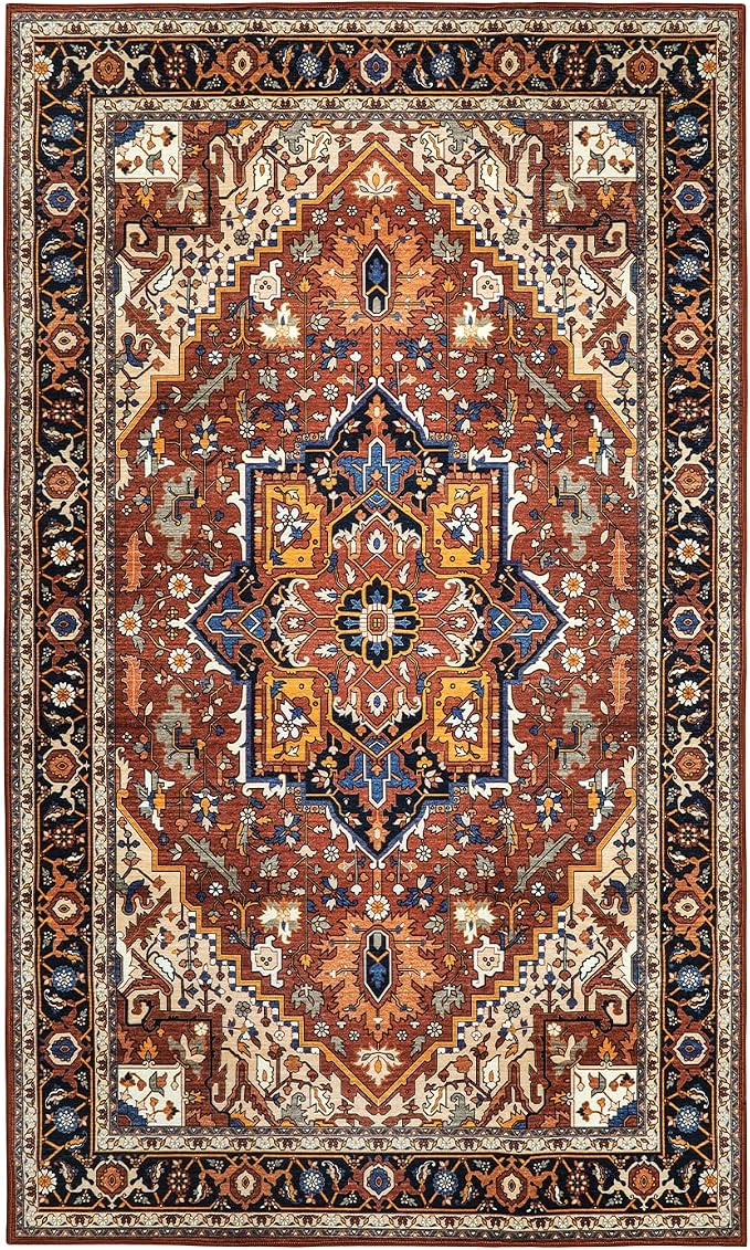 Moynesa Ultra-Thin Washable Oriental Area Rug - 3x5 Non-Slip Laundry Room Rug, Non-Shedding Stain Resistance Low Pile Kitchen Mat Indoor Throw Carpet for Fall Decor Bathroom, Brown/Multi