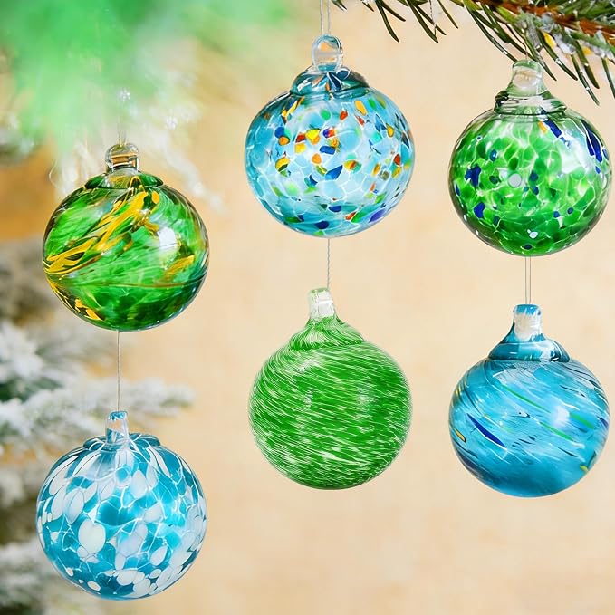 JarThenaAMCS 6Pcs Hand Blown Glass Ball Ornaments 2.4 Inch Summer Beach Gazing Ball Blue Green Hanging Friendship Witch Balls for Hawaii Home Party Garden Wall Window Decor