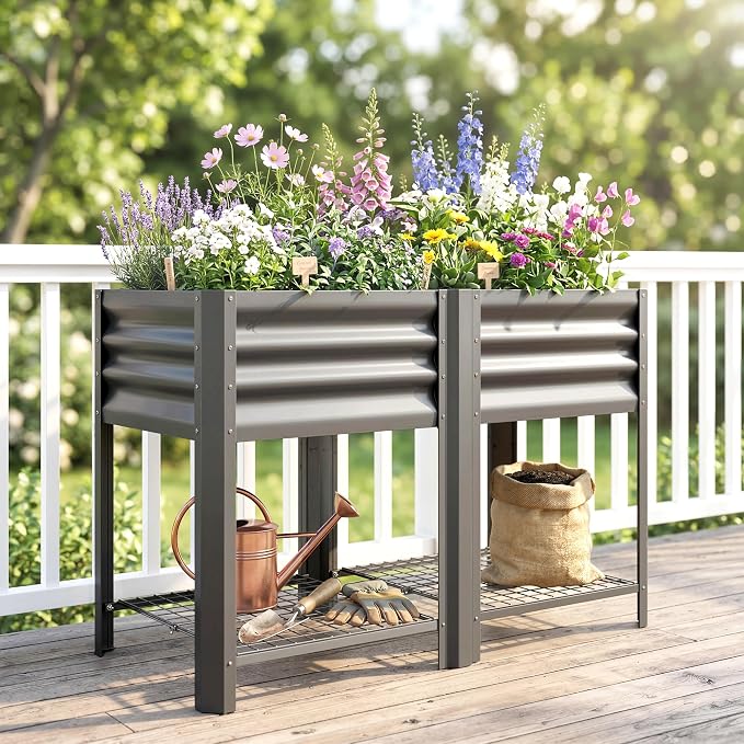 Outsunny Galvanized Steel Raised Garden Bed with Storage Shelf and Bed Liner, Elevated Planter Box with Legs for Flowers, Vegetables, and Herbs, for Outdoor Patio Yard, Glove Included, Dark Gray