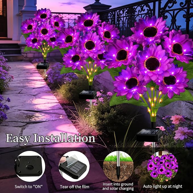 Solar Garden Lights Outdoor, 6 Pack Solar Purple Sunflower Lights with 18 Head 3.5 Inch Flowers, Waterproof Flowers Light Fall Decor Auto ON/Off for Garden Yard Patio Backyard, Gifts for Mom Women