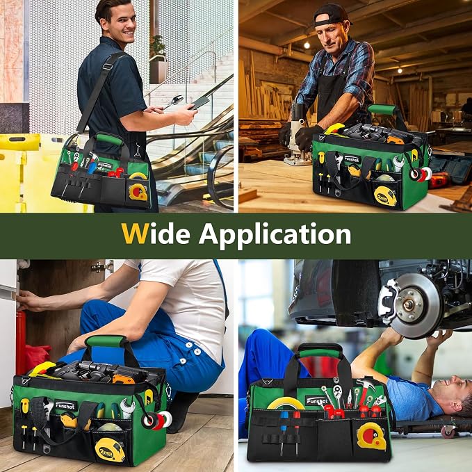16 Inch Heavy Duty Tool Bag, Compact Tool Organizer with 17 Pockets, Wide Mouth Tool Tote with Adjustable Shoulder Strap, Portable Work Bag for Electricians, Mechanics, Contractors, DIY & Home Repair