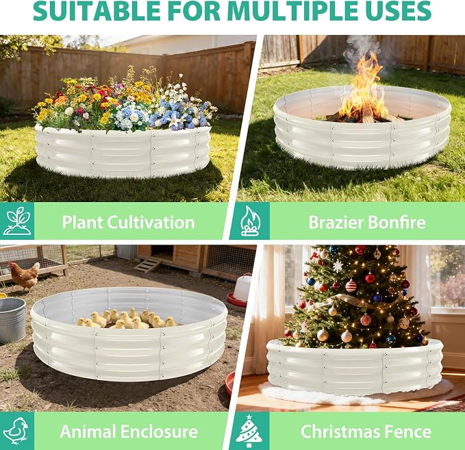 YSEJOMP 5FT Diameter Galvanized Garden Raised Bed/Plant Box/Fire Pit Ring - 0.8mm Thick,12 Inch Tall,Perfect for Planting a Variety of Flowers,Herbs,Vegetables (Cream White, 60 Dia X 12 inches)