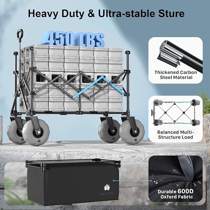 Beach Wagon with Big Wheels for Sand, 450LBS Heavy Duty Foldable Wagon Cart | 9" All-Terrain Inflatable Tires, Adjustable 200L–380L Capacity, Ideal for Groceries, Camping & Sports