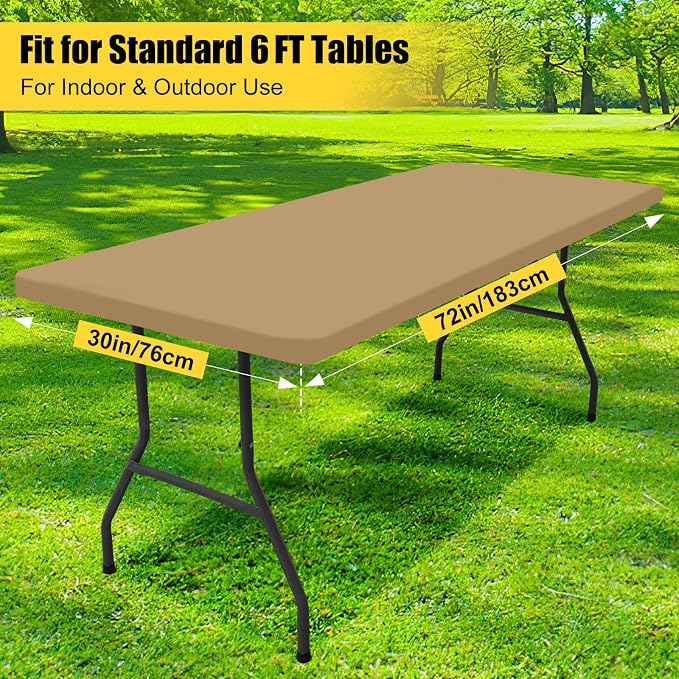 Smiry 6 Pack Rectangle Picnic Table Cloth, Waterproof Elastic Fitted Tablecloths, Washable Polyester Rectangular Patio Table Cover for Camping, Indoor and Outdoor (Khaki, 30"x72")