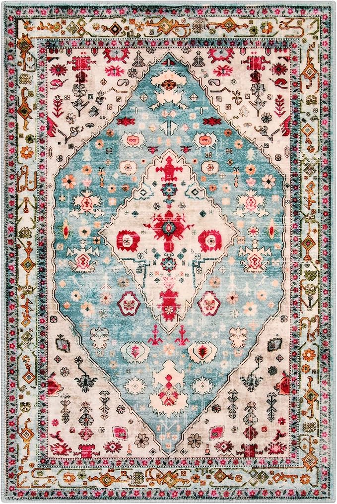 Lahome Felice Boho Tribal Area Rug - 2x3 Small Aqua Bath Rugs Kitchen Throw Mat, Soft Washable Non Slip Non Shedding Bohemian Bathroom Bedroom Carpet for Front Door Living Room Stove Chair