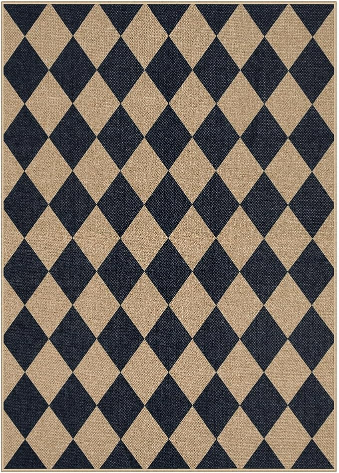 Lahome Checkered Easy Jute 5x7 Area Rugs, Washable Outdoor Patio Rug for Living Room Diamond Indoor Outdoor Carpet, Farmhouse Geometric Non Slip Black Carpet for Backyard Dining Room