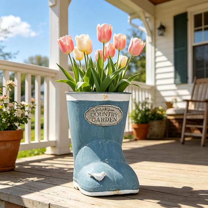 Vintage Blue Rain Boot Planter, Country Garden Metal Boot Flower Pot, Rustic Farmhouse Decorative Planter for Indoor Outdoor Succulents, Herbs, Garden & Porch Decor