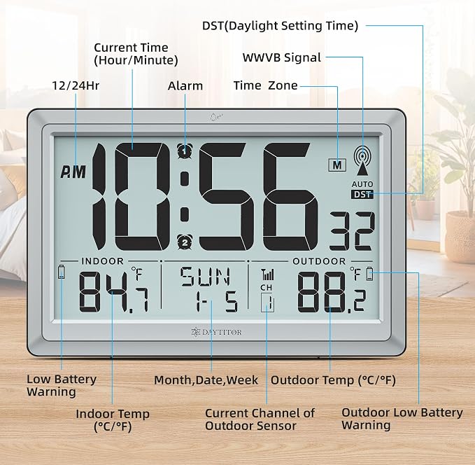 Atomic Clock Wall with Indoor/Outdoor Temp, Battery Operated Digital Wall Clock with 10.5" Large LCD Display, 330ft Range Desk Table Clock with Alarm, DST, Calendar for Living Room, Silver-gray