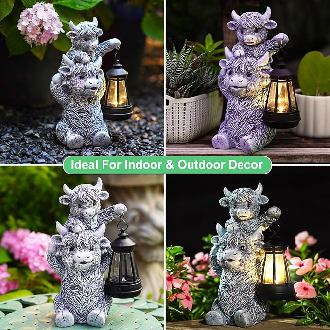 Highland Cow with Solar Lantern Garden Statue | 9.5 inch size, durable resin material, warm LED glow, unique gift for women & moms, perfect patio decor