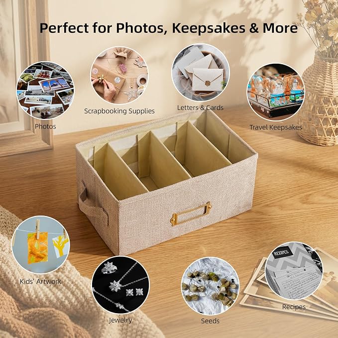 Linen Photo Storage Box with Adjustable Hook and Loop Dividers, Holds 850 4"x6" Photos, Collapsible Picture Organizer with Handle and Label Stickers, Memory Keepsake Box for Women, Black