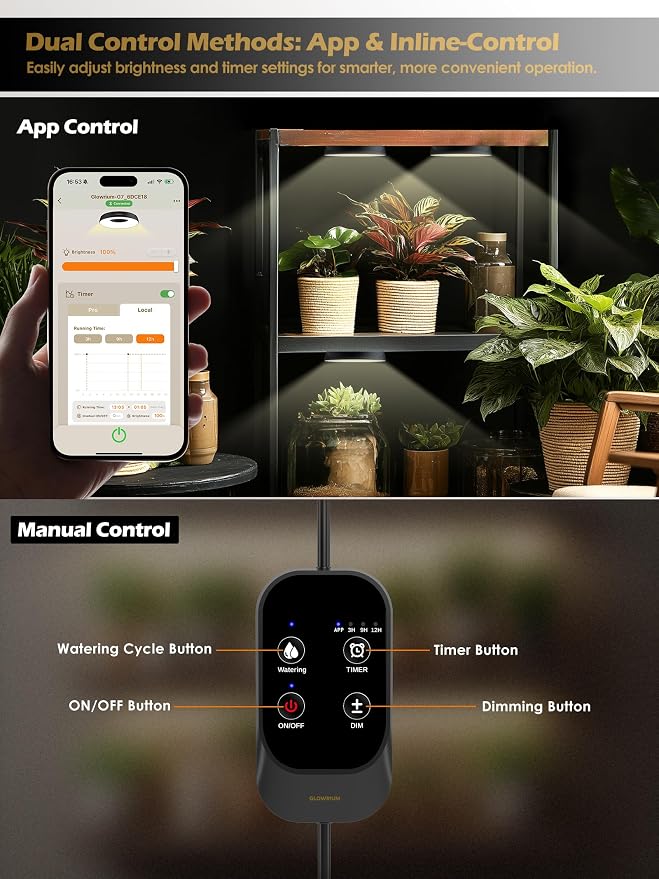 GLOWRIUM Grow Lights for Indoor Plants,48W Smart Full Spectrum LED Grow Light, Auto Timer and Stepless Dimming,Plant Assistant with Watering Reminder,Modular Design (Black, 6 PCS)