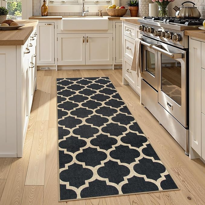 Lahome Moroccan Easy Jute Runner Rug 2x6, Black Outdoor Washable Runner Rugs for Porch Kitchen, Geometric Trellis Woven Long Carpet for Laundry, Thin Non Slip Farmhouse Porch Decor