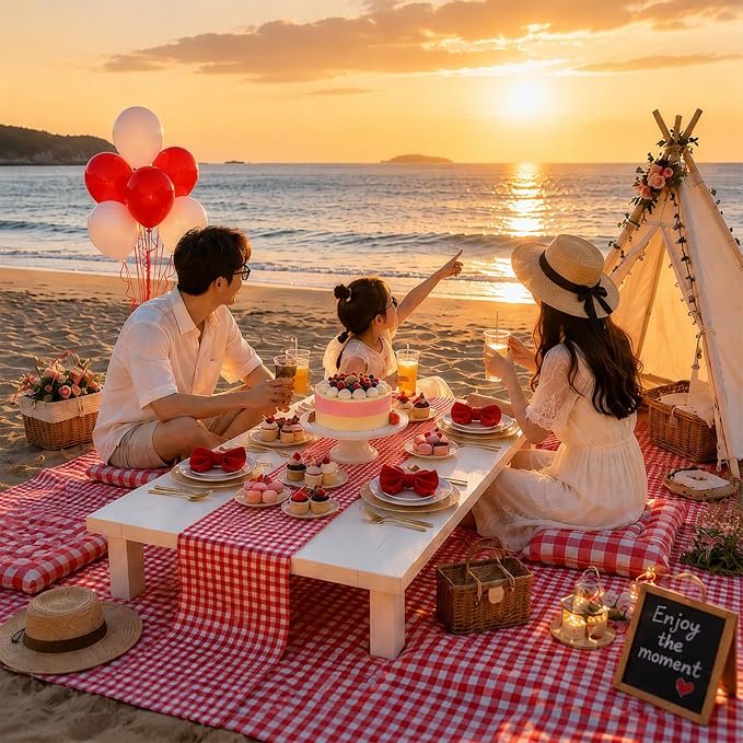 Cinrobiye Boho Picnic Party Set for Outdoor, Aesthetic Picnic Setup with Large Picnic Blanket, Floor Cushions, Table Runner, Napkins, Balloons for Wedding, Bridal Shower, Birthday(Red)