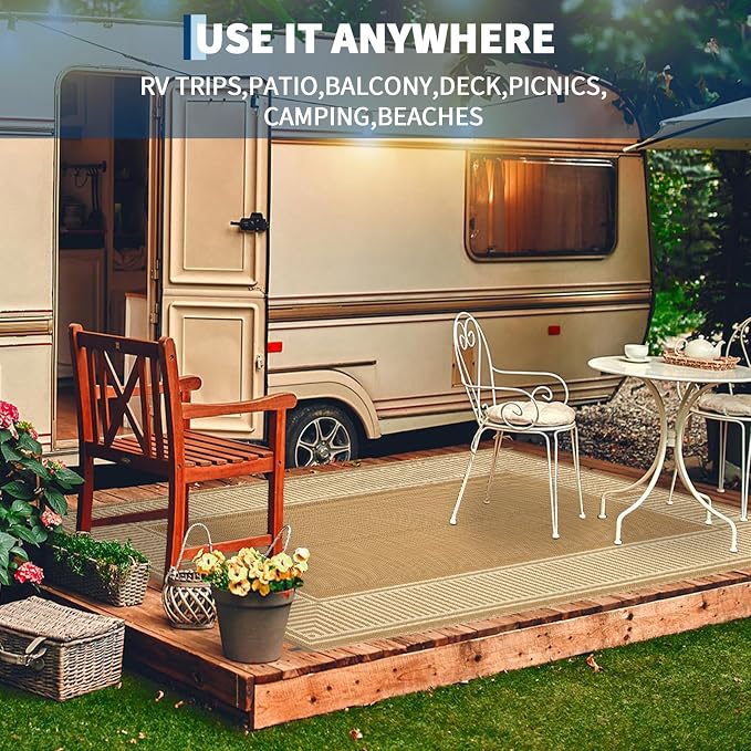 Garvee Outdoor Rug 9x18 Reversible Plastic Straw Patio Rug Border Beige | Reversible, Waterproof, Foldable, Easy Clean, Lightweight Floor Cover for Backyard Camping Porch RV Beach Balcony Deck Picnic