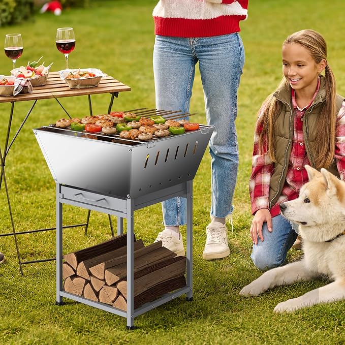 24" Fire Pit with Wood Storage, Fire Pits for Outside Wood Burning, Silver | Premium Stainless Steel, Low-Smoke Design, Removable Ash Tray, Heat-Proof Handles, for Grilling, Heating & Firewood Storage