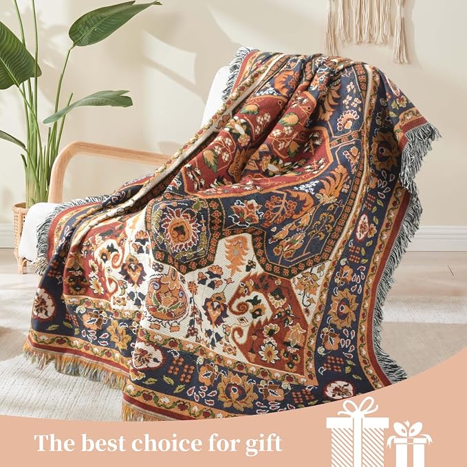 Boho Throw Blanket Reversible Cotton Bohemian Tapestry Hippie Room Decor Outdoor Blanket Double Sided (Boho Patten 50"x60")