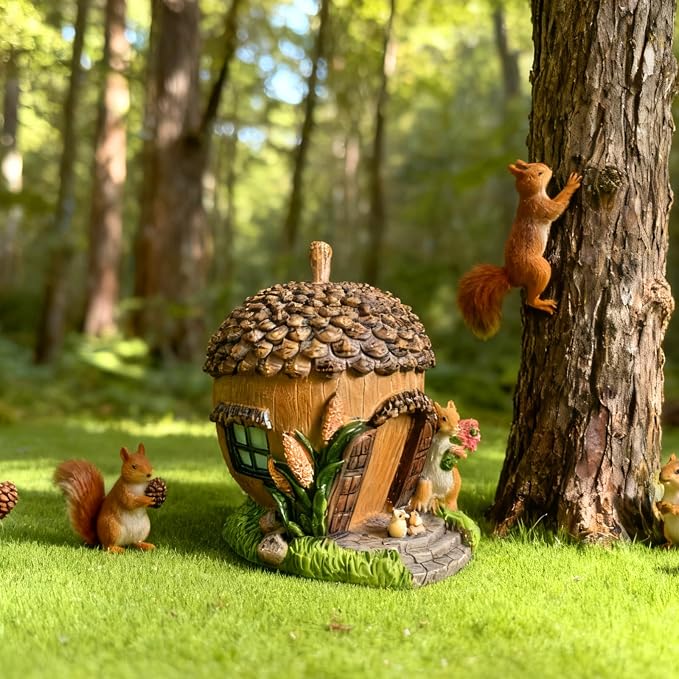 DONABELA Fairy Garden House Decor Pinecone Ornament with Squirrel Figurine Accessories Supplies for Outdoor Patio Yard Lawn Tiny Resin