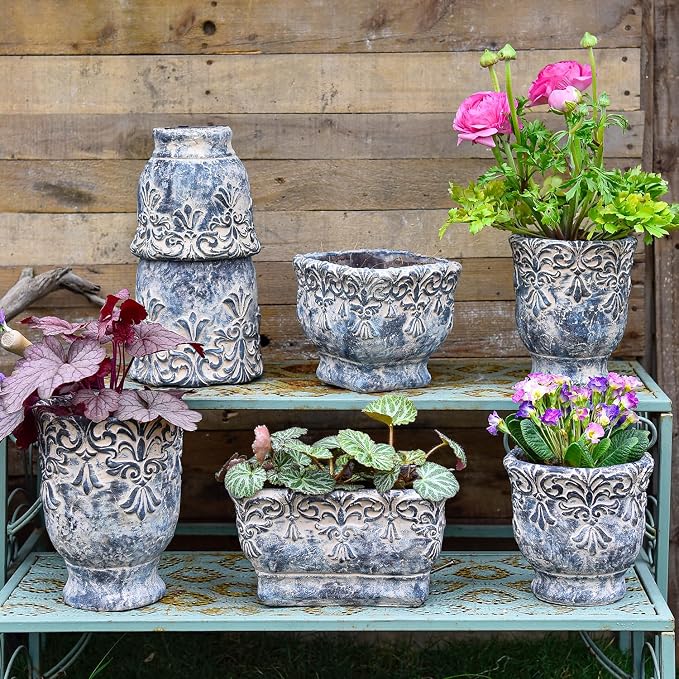 Sungmor 6.5 Inch Cement Plant Pot for Plants, Succulent Planter with Embossed Design, Vintage Concrete Flowerpots with Drainage Hole, Decorative Orchid Houseplant Pot Indoor Outdoor Plant Container