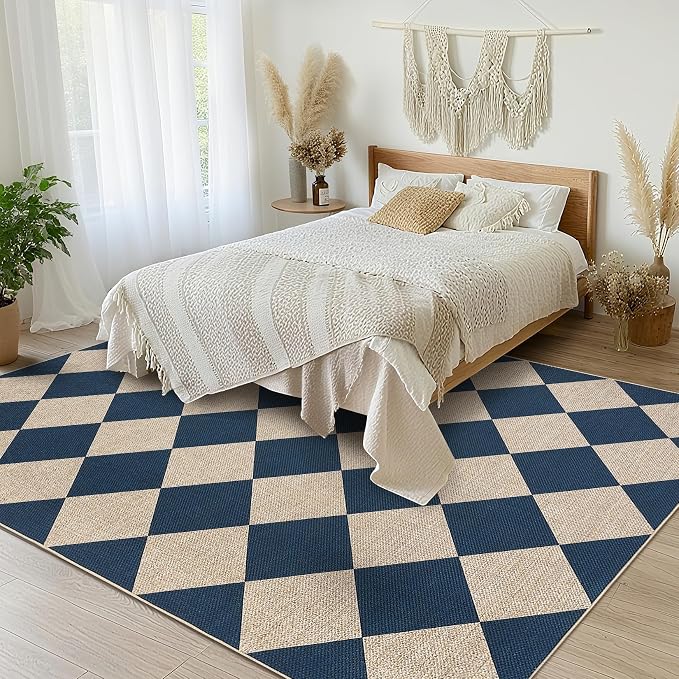 GarveeHome Checkered Easy Jute 5x7 Area Rugs for Living Room Machine Washable Non-Slip Backing Stain Resistant Modern Indoor Outdoor Rugs for Farmhouse Dining Room Patio Navy Blue