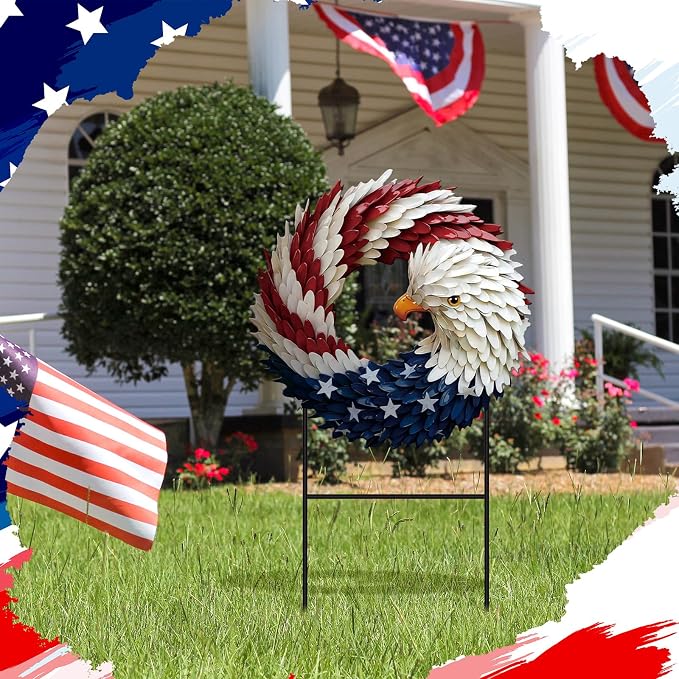 Amyhill 4th of July Decorations for Outdoor, Patriotic Eagle Metal Garden Stake, 250th Anniversary Red White Blue Yard Sign, Independence Day Memorial Day Decor for Lawn, Patio, Walkway, and Outside