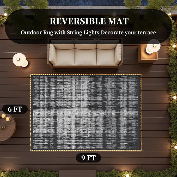 MontVoo Outdoor Rug Waterproof 6x9 ft with Strip Lights Outdoor Patio Rug Mat Reversible Plastic Straw Rug Outside Outdoor Rug for RV Camping Picnic Balcony Backyard