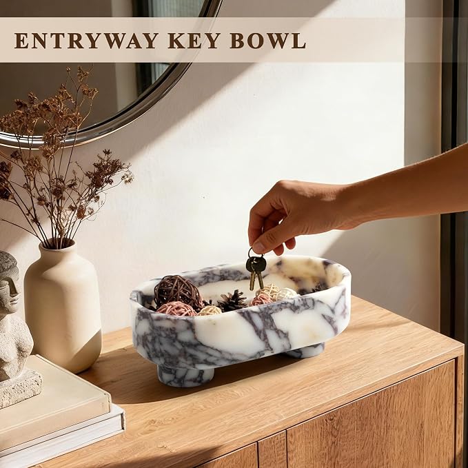 LIN CHUAN Natural Oval Marble Fruit Bowl for Kitchen Counter | Two-Legged Decorative Pedestal Bowl for Dining Table Decor, 10" Luxury Entryway Catchall Purse Bowl - Calacatta Viola