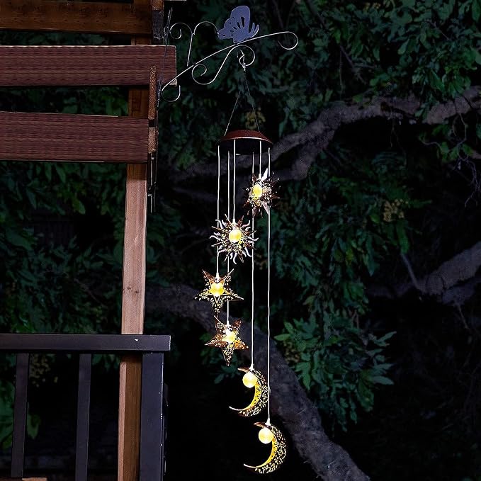 Tryme Solar Wind Chimes for Outside with Sun Moon Star Solar Hanging Lights Windchimes Outdoors Garden Decor Gifts for Mother, Grandma, Sister