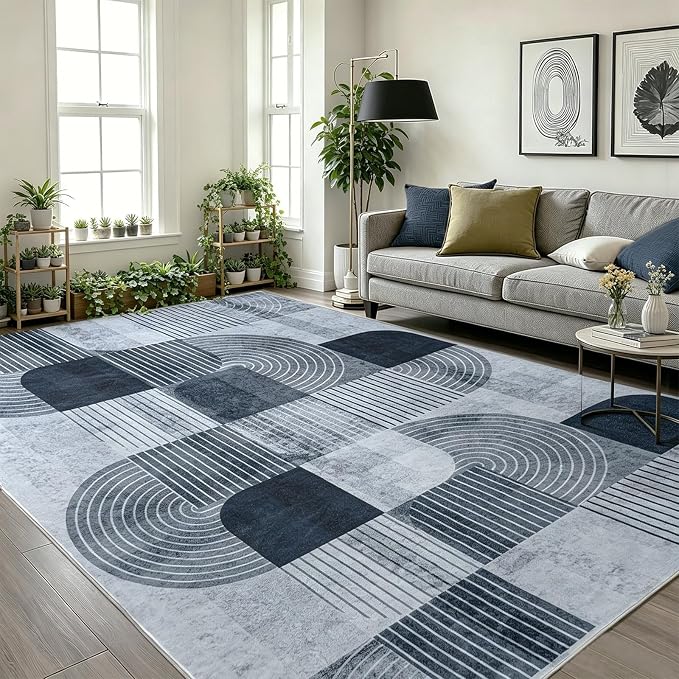 Washable Area Rugs for Bedroom Living Room 4x6 ft, Non-Slip Modern Rug | Stain Resistant, Low Pile, Soft Carpet Indoor Floor Boho Carpet for Kitchen Front Door Entrance Office Kids Room, Blue & Gray
