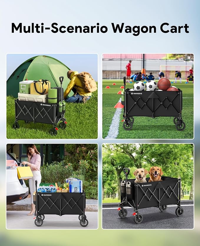 Raynesys Collapsible Foldable Wagons, 440lbs Capacity Wagons Carts Foldable with All-Terrain Wheels, Heavy Duty Utility Wagon Carts with Brakes for Camping, Sports, Shopping, Grocery, Black