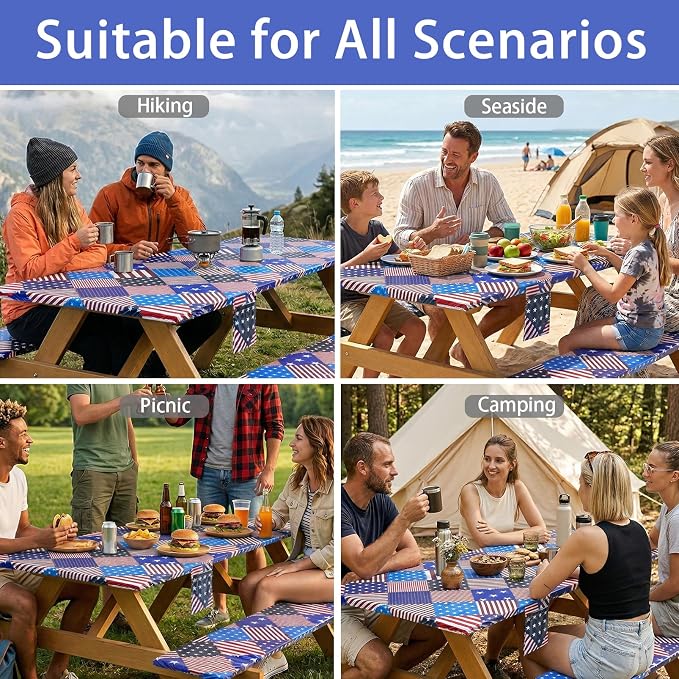 Fitted Waterproof Picnic Table Cover with Bench Covers Elastic 72×30Inch Weather Proof Non Slip Camping Table Clothes for 6Feet Rectangle Tables Campers Summer Fall Travel Hiking Tools Gifts