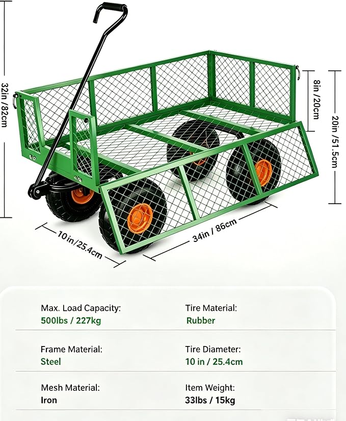 Garvee Steel Garden Cart, 500 LBS Capacity Utility Outdoor Wagon, Heavy Duty Mesh Garden Metal Wagon with Removable Sides, Flexible Handle for Yard, Lawn, Garden