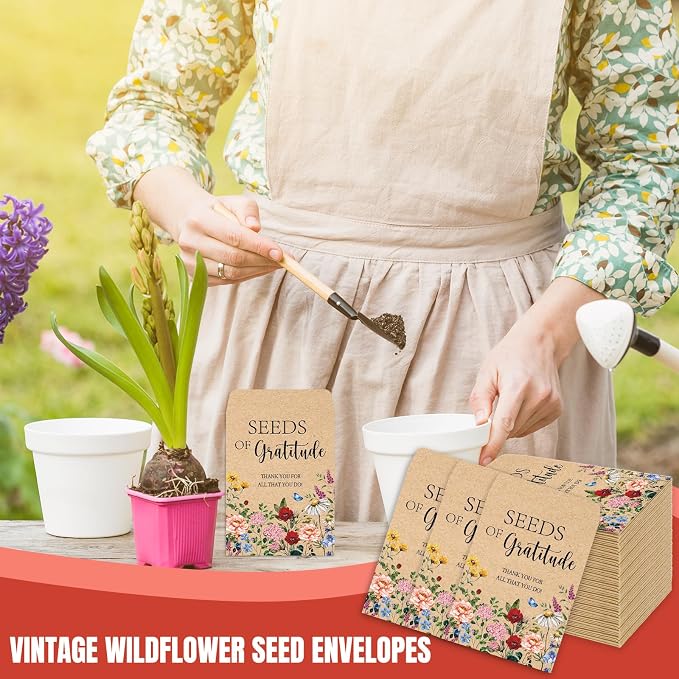 JarThenaAMCS 50 Sets Spring Wildflower Seed Packets Seeds of Gratitude Adhesive Kraft Envelopes Floral Seed Storage Bags with Thank You Tags for Guest Birthday Wedding Party Favors(No Seeds Include)