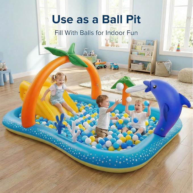 Inflatable Kids Pool, Kiddie Pool with Water Slide, Coconut Palm Sprinkler | Inflatable Play Center, 95"x75"x40" Outdoor Blow-Up Splash Pad Pools for Toddlers Ages 2+, Water Park for Summer Fun