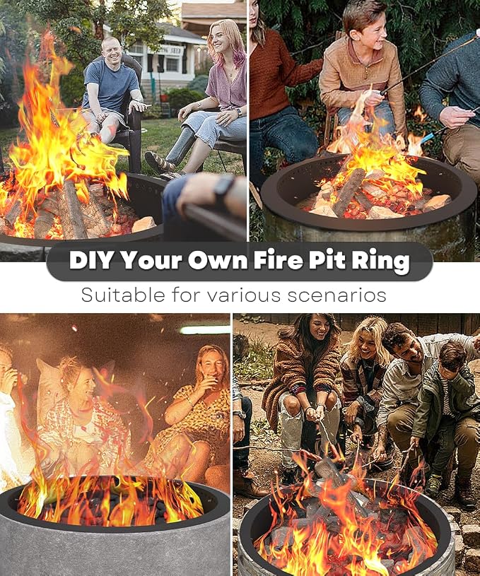 39 Inch Smokeless Fire Pit Ring Insert Outdoor, Heavy Duty Metal Steel DIY Firepit Rim Liner Round Campfire Rings for Outside Wood Burning Above or In-Ground, Black