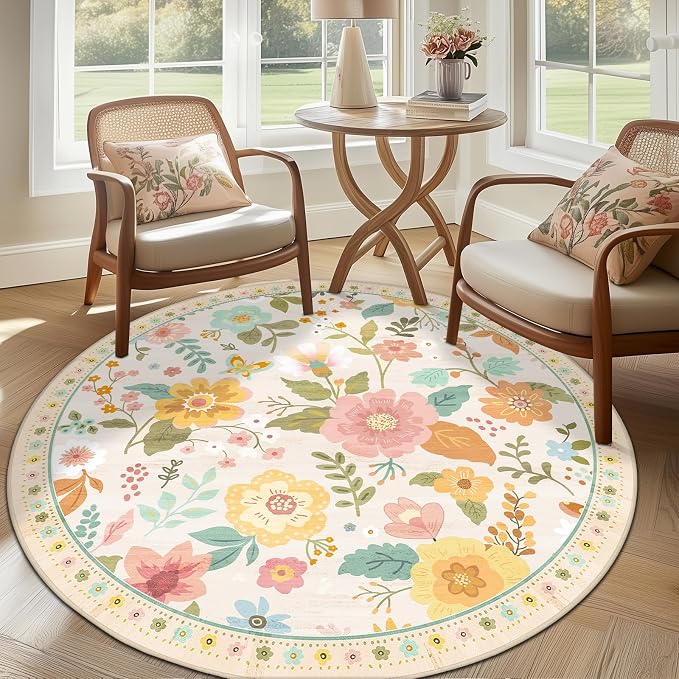 RELEANY Floral Washable Round 8ft Area Rug Beige/White/Orange | Flower Carpet, Print, Boho, Non-Slip, Easy to Clean, Soft, Low Pile for Living Room Bedroom Kitchen Office Entryway Hallway