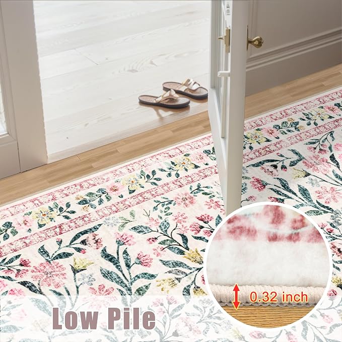 PLHXFR 6x9 Area Rug Living Room: Floral Washable Boho Carpet Pink Green | For Bedroom Dining Room Farmhouse Nursery Hallway,Vintage Floral,Machine washable,Non Slip,Stain Resistant,Large Indoor